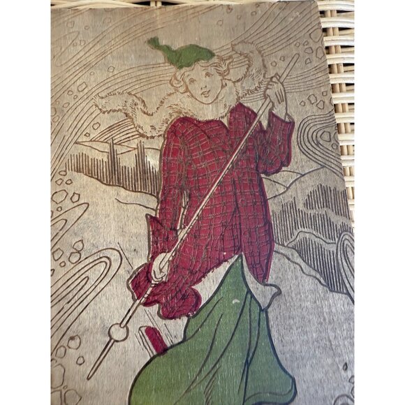 Antique 1910s Flemish Art Pyrography Hanky/Glove Box Girl Snow Skiing - Picture 11 of 14